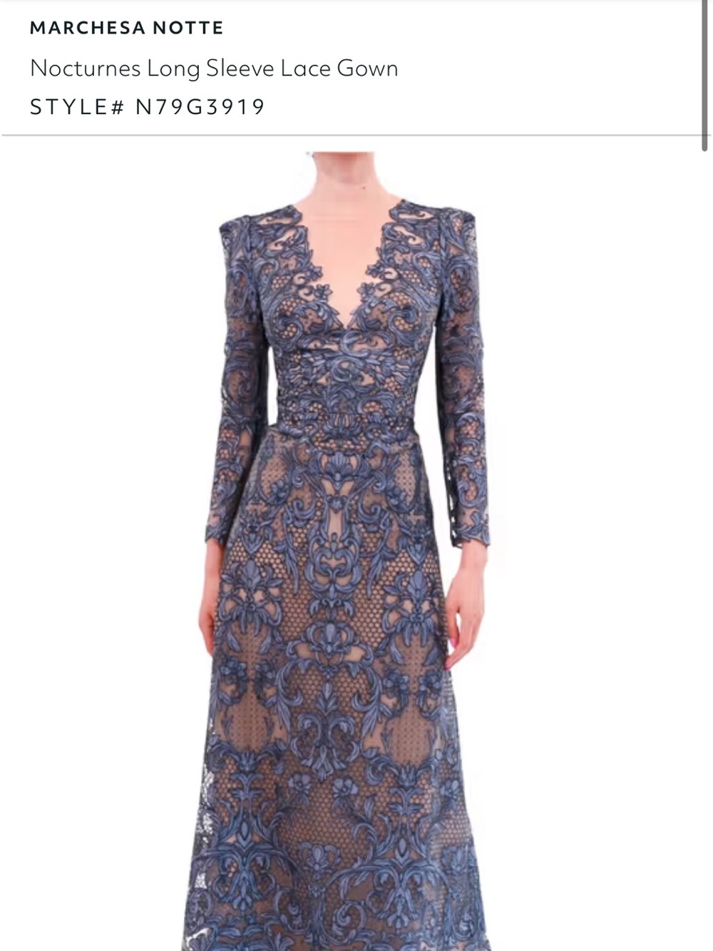 Marchesa Notte Blue Lace Long-Sleeve Evening Gown